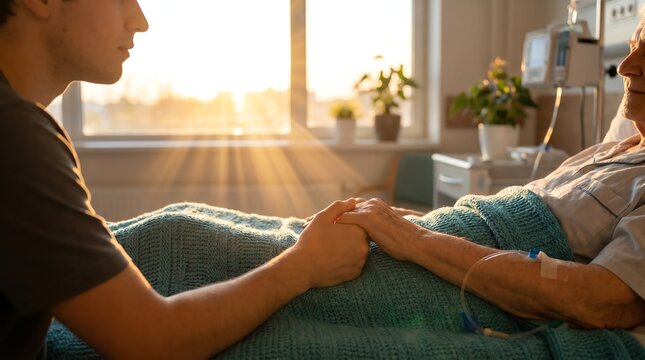 Caring Grandson Holding Hands With Elderly Hospitalized Patient During Golden Hour Sunlight