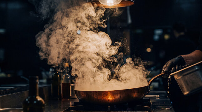 Dramatic close-up photograph of a professional chef cooking with a pan on a hot stove.