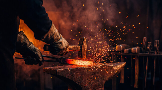 Strong blacksmith in leather gloves hammering glowing hot metal on an anvil, creating a shower of fiery sparks.