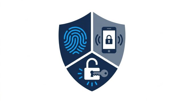 Illustration shows multi factor authentication with a fingerprint, a locked mobile phone, and an open padlock key on a shield background.