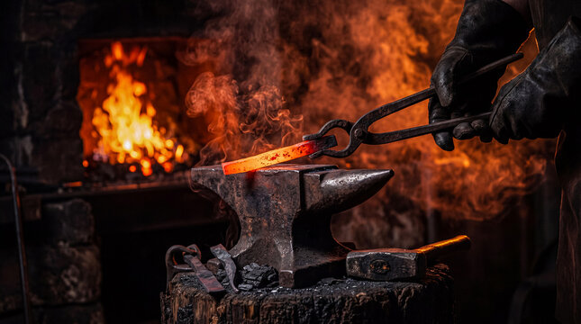 Blacksmith's gloved hands working with tongs to shape a glowing hot metal bar on an old anvil in a forge.