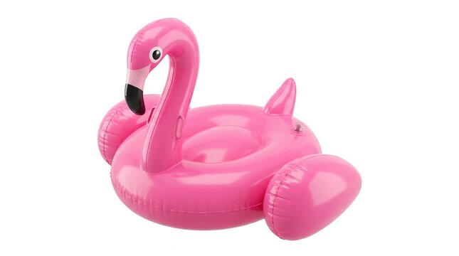 A vibrant pink inflatable flamingo pool float isolated on a clean white background suggests joyful summer fun and leisure activity