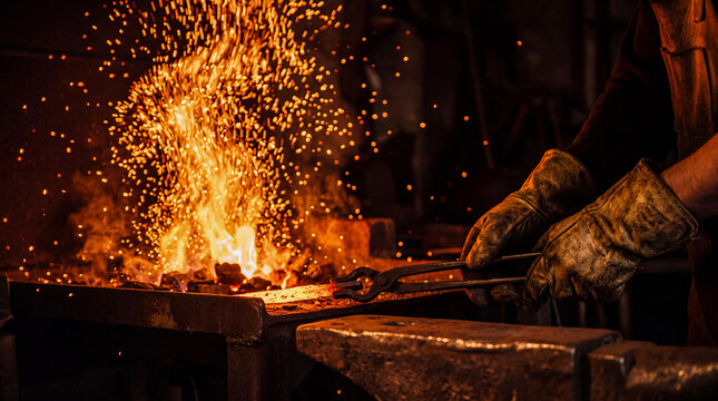 Skillful blacksmith using metal tongs to retrieve glowing hot iron from a fiery forge, creating a dramatic spark shower.