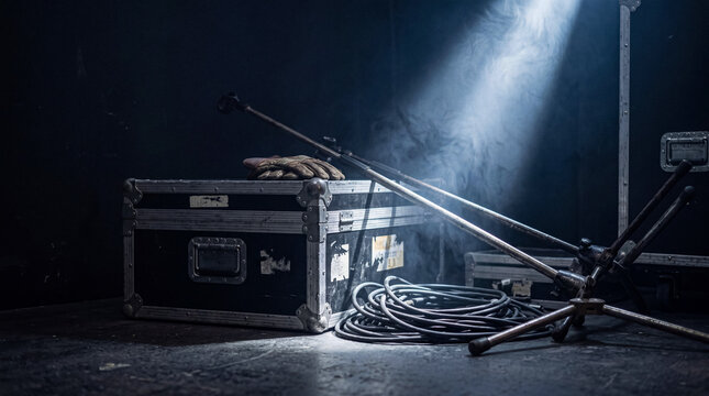 Stage equipment: a flight case, microphone stands, coiled cables, and gloves on a smoky, dark stage floor.