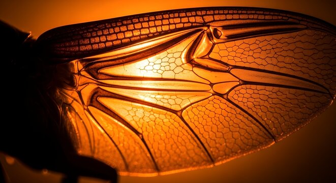 Close-up Macro Shot of a Translucent Insect Wing with Intricate Veins.