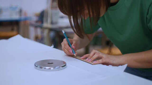 A female fashion designer drafts a garment pattern with precision tools in a bright atelier filled with natural light
