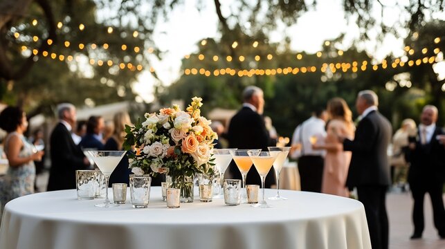 Elegant wedding reception with martini cocktails in delicate glasses surrounded by white table linens floral centerpieces and guests dressed in formal attire celebrating under soft string lights
