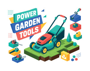 Fototapeta premium Power Garden Tools , oversized lawn mower with bold geometric depth, floating equipment blocks and stepped grass platforms, asymmetric editorial layout, mint and warm yellow with electric blue