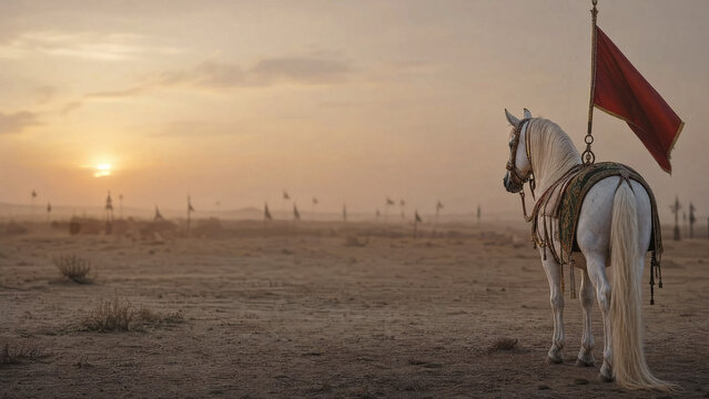 Ornate white horse standing in desert of Karbala at sunrise with red flag, conceptual representation of Zuljanah during Ashura Muharram