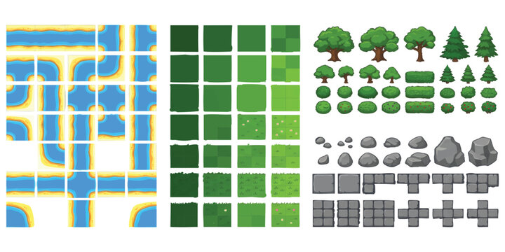 Pixel art game asset pack with water paths green grass tiles trees rocks and stone road tiles for map design