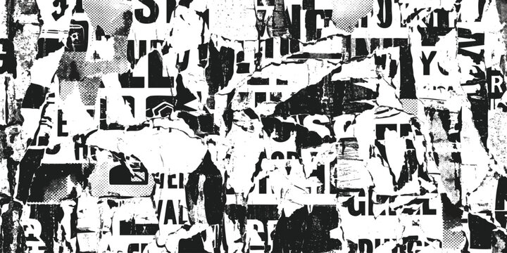 Black and white abstract collage with torn paper pieces and old newspaper texture for artistic background design