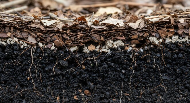 Cross section of rich dark soil with visible plant roots and organic matter on top.