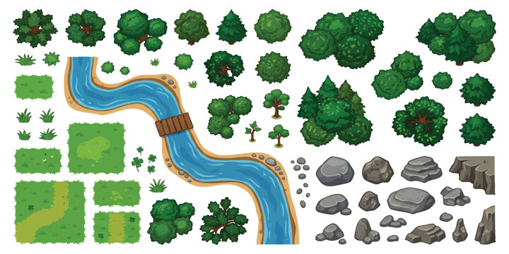 Top down map elements with green trees blue river water flow rocks and grass tiles for game design project