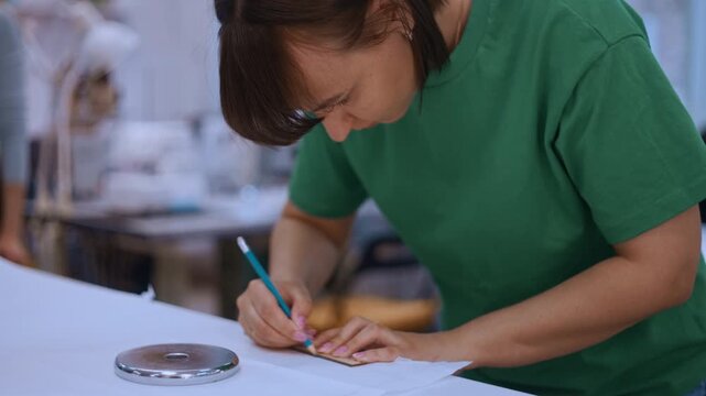 Young seamstress carefully drawing a sewing pattern on a large table inside a fashion studio