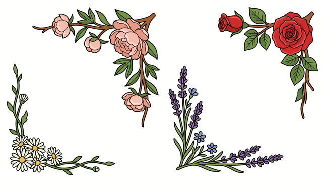 Set of decorative floral corner elements with roses lavender and daisies.