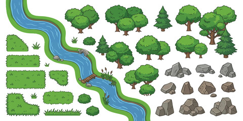 Set of cartoon nature design elements with river grass trees and rocks for game map and landscape design © ZenVectors