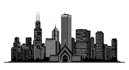 Fototapeta premium Chicago City Skyline Silhouette, Black and White Vector Illustration