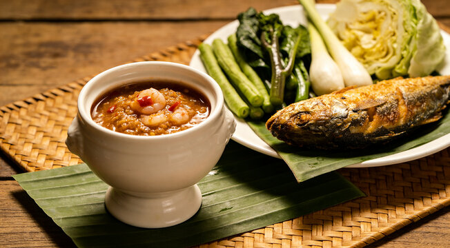 Thai traditional dining setup with chili dip and fried fish