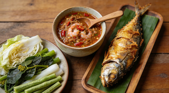 Shrimp paste chili dip paired with mackerel and boiled vegetables