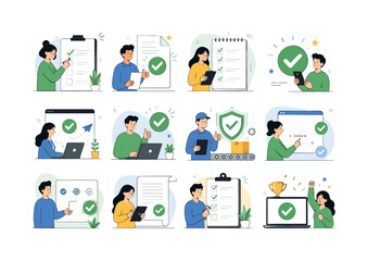 Fototapeta premium Check Mark Approval. Approval and verification theme and related confirmation scenes. 12 minimalist editorial vector scenes: ticking checkbox on form, approving document review, completing checklist