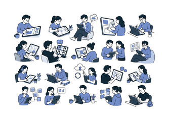 Fototapeta premium Tablet Digital Work collection of digital illustrations, 12-20 character-driven small scenes across full canvas, people with visible faces and expressive poses drawing on tablets, reading digital