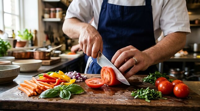Chef preparing fresh vegetables for gourmet meal in kitchen with vegetables