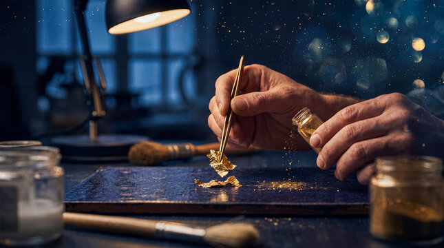 Skilled hands meticulously work with delicate gold leaf and shimmering flakes, crafting precious decorations.