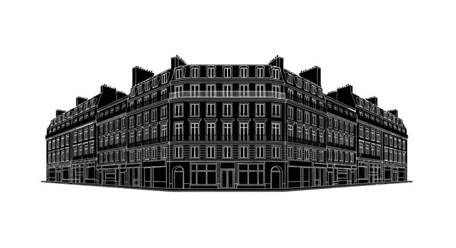 Black and white vector illustration of a Parisian street block