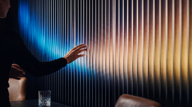 A human hand touching a sleek modern vertical slatted wall illuminated with vibrant colorful light.