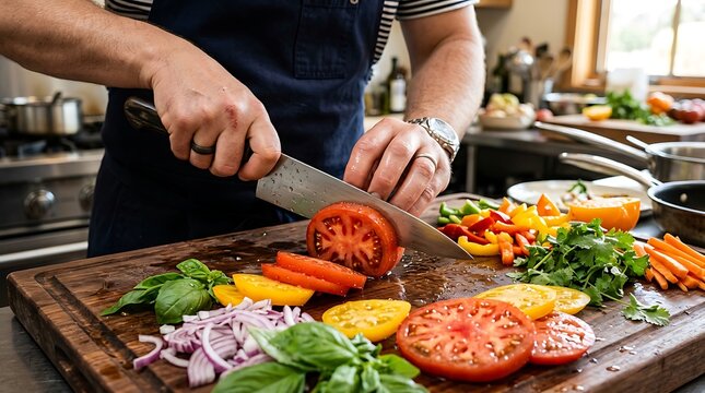 Professional chef slicing fresh heirloom tomato on wooden cutting board
