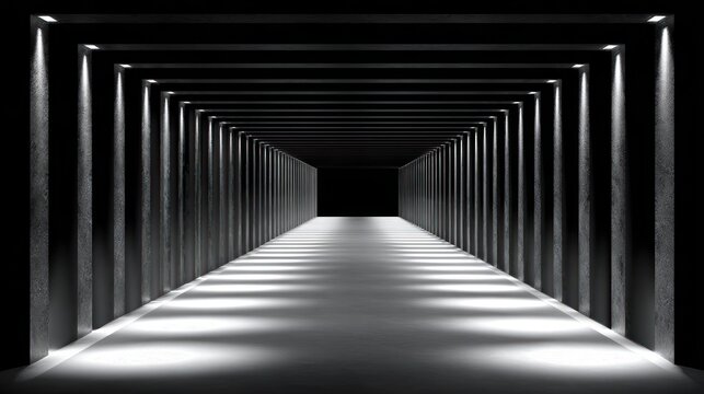 Endless dark corridor illuminated by repetitive ceiling spotlights creates strong perspective