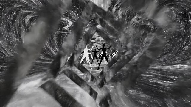 Abstract Dance Performance with Silhouettes in a Swirling Cosmic Environment.