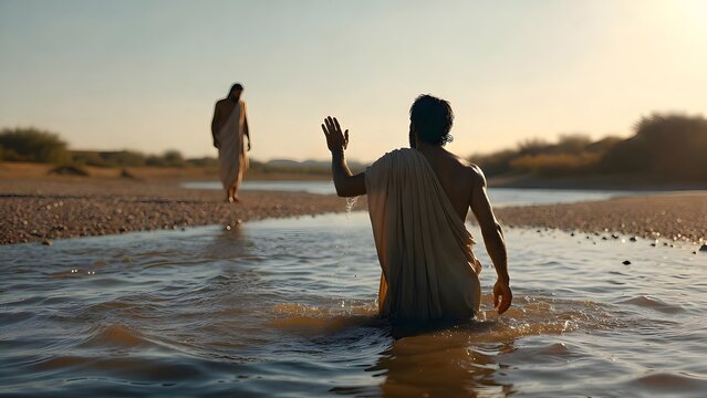 Subject: John the Baptist standing waist-deep in the Jordan River raising one hand in blessing as Jesus approaches from land, emphasizing the first blessing before public mission begins + Environment: