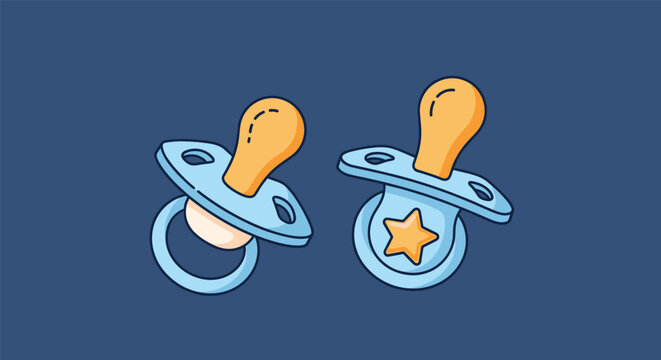 Pair of blue baby pacifiers with yellow nipples and a star decoration shown on a dark blue background in a vector style.