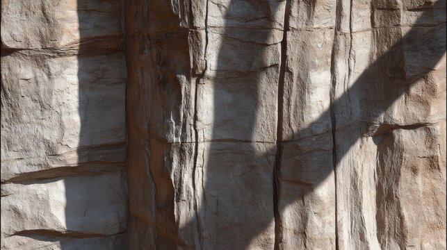 Textured stone surface displays dramatic vertical shadows cast by unseen objects in bright sunlight.