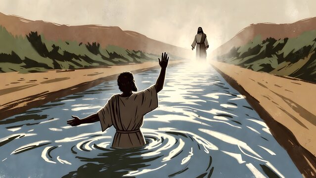 Subject: John the Baptist standing waist-deep in the Jordan with a blessing gesture as Jesus comes closer from the shore, centered on the nearness of divine mission + Environment: narrow riverbank pas