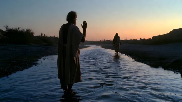 Subject: John the Baptist in the river raising his blessing hand toward Jesus approaching from the shore, emphasizing the witness of Messiah&rsquo;s arrival at the start of public ministry + Environment: qu