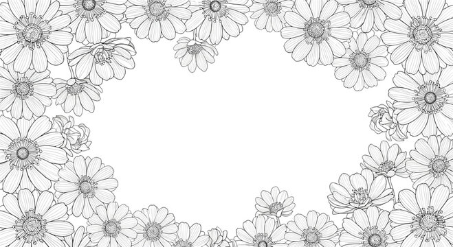 Elegant black and white line art frame made of many detailed zinnia flowers surrounding a blank white central space for text or images.