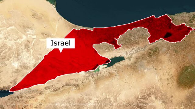 Israel map zoom in animation with red country highlight and location pin on satellite terrain background