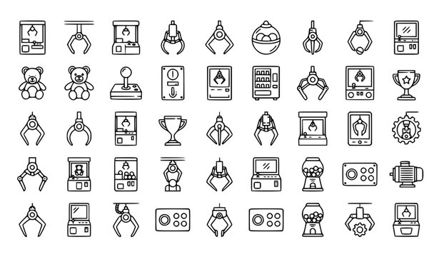 Grabber 30 Icons Set with Crane Claw Machine Robotic Toy Catcher and Arcade Game Symbols