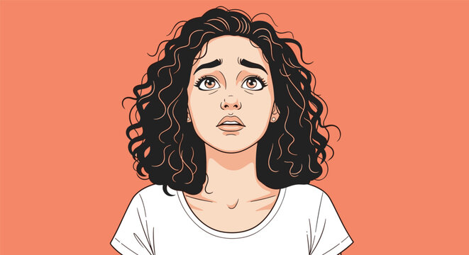 Young woman with voluminous dark curly hair looking upwards with a worried and apprehensive facial expression on an orange background.