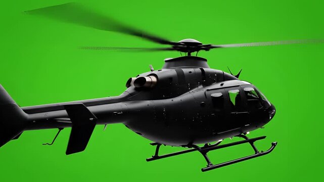 Black Helicopter Flying on Green Screen Background.