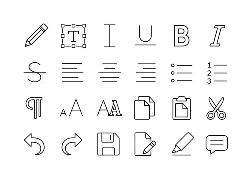 Text Editing Interface Series. Line icon set of editing theme: pencil, text box, cursor text, underline, bold text, italic text, strikethrough, alignment left, alignment center, alignment right,