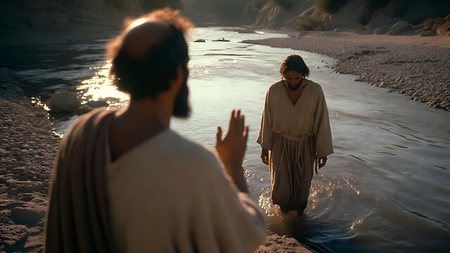 Subject: John the Baptist blessing Jesus from the Jordan River as Jesus advances with quiet resolve from the bank, emphasizing prophetic recognition and sacred inauguration + Environment: open riverba