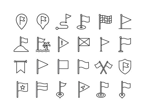 Flag Symbol Identity Series. Line icon set of flag marker theme: location flag, map pin flag, route flag, checkpoint flag, finish flag, start flag, hill flag, beach flag, warning flag, signal flag,