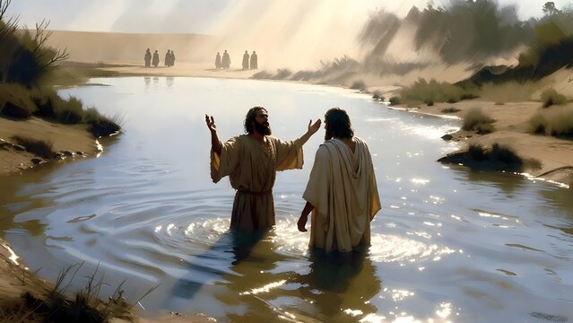 Subject: John the Baptist as prophetic herald standing waist-deep in the Jordan, blessing Jesus as he approaches from the shore, presenting the new era as publicly affirmed + Environment: riverside te
