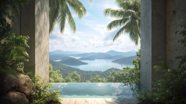 Tropical infinity pool offers panoramic view across lush green islands and turquoise ocean waters