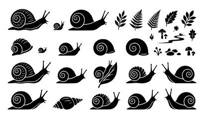 Snail Silhouette and Nature Elements Set for Garden Wildlife Designs © MstNadiya