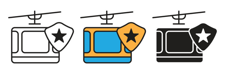 Cable car gondola icon set featuring a protective shield emblem with a star symbol. © sunaerih