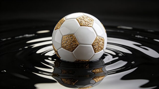 Soccer ball floating on water ripple reflection artistic football sports background concept